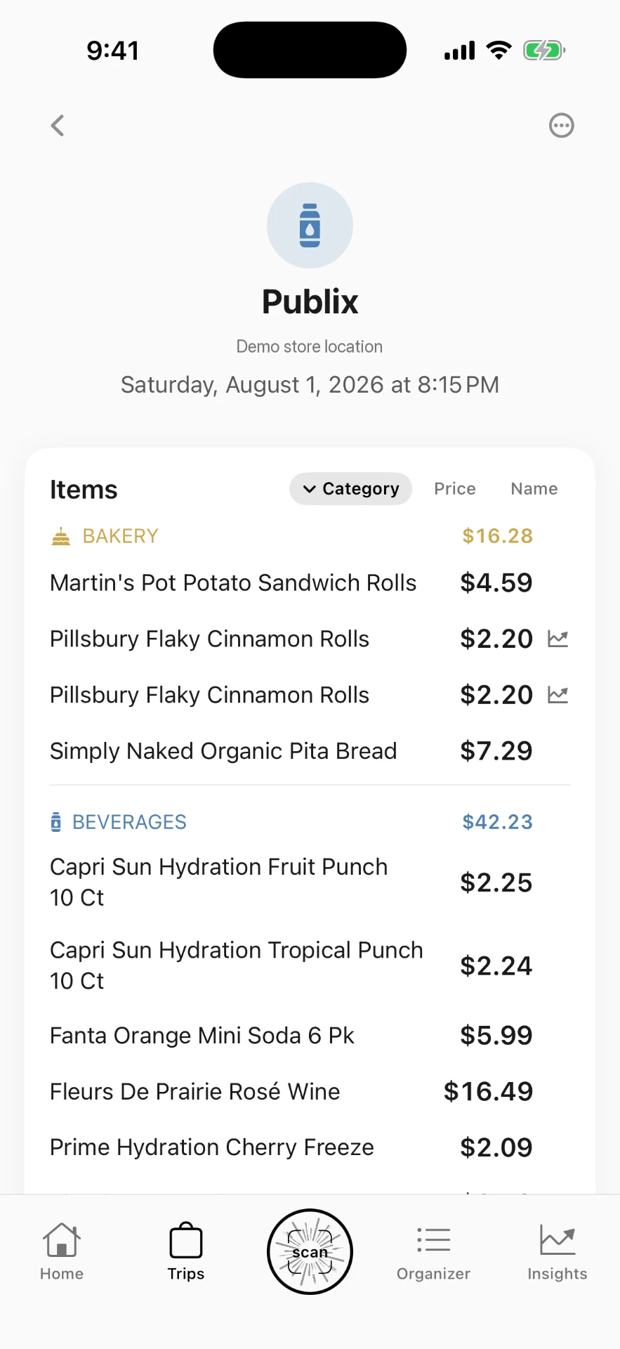 Euno receipt detail from Publix showing bakery and beverage items with individual prices.